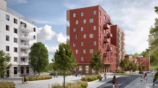 A modern residential neighborhood with red and white apartment buildings, trees, and people walking, cycling, and enjoying the outdoor space on a sunny day.