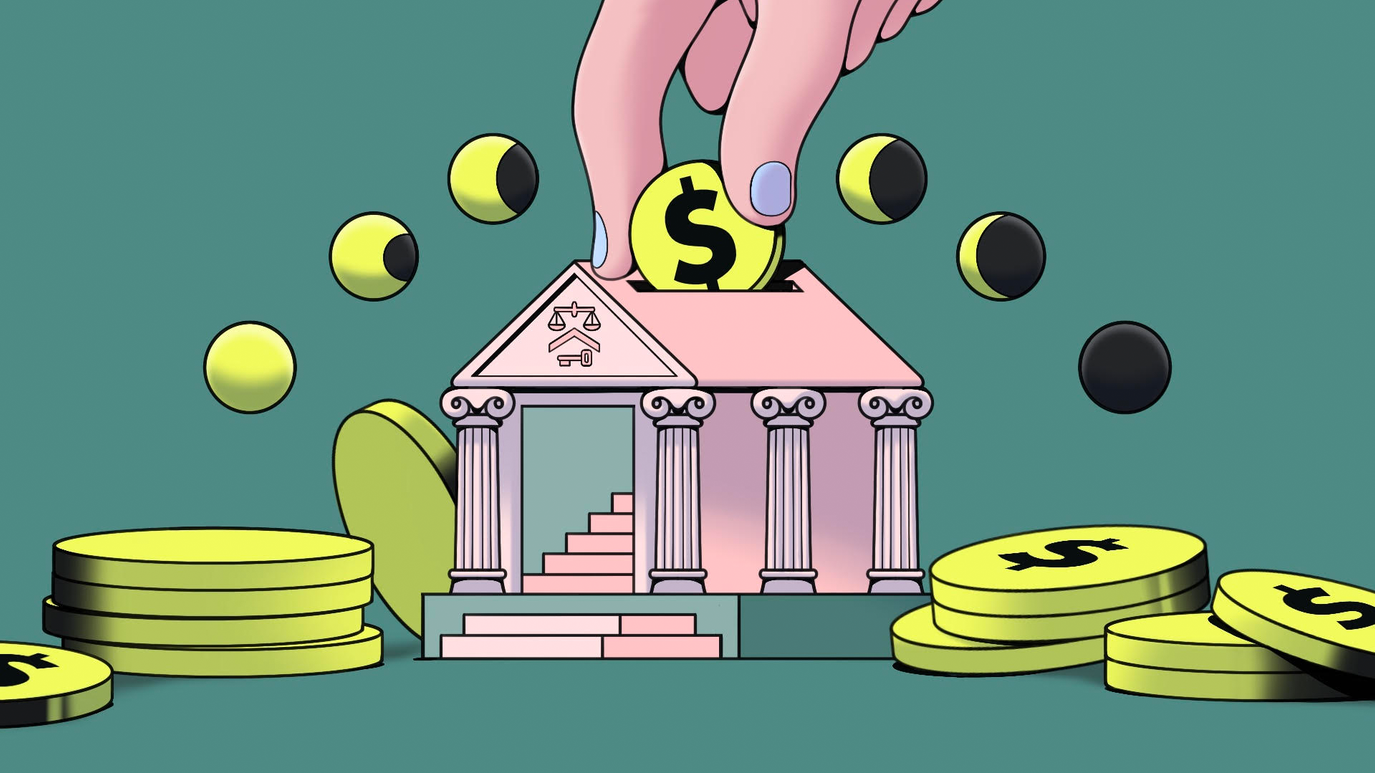 Illustration of a hand inserting a dollar coin into a pink bank building shaped like a piggy bank, surrounded by floating coins.