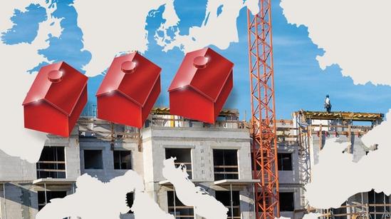 Map of Europe cut out to reveal a construction site with cranes, overlaid with three red house icons.
