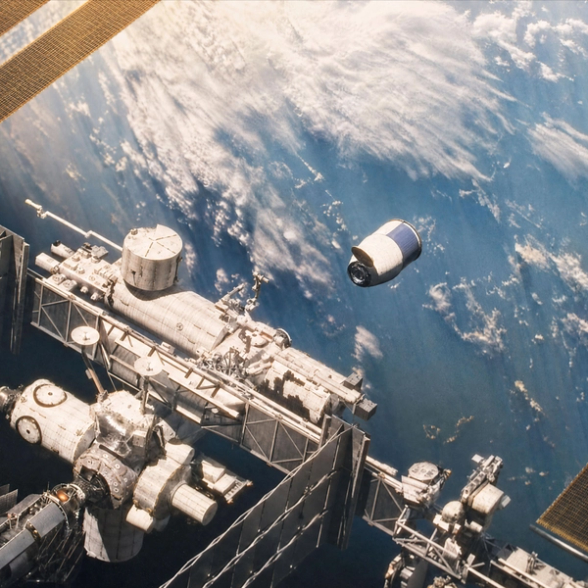 Space station with shuttle thats docking 