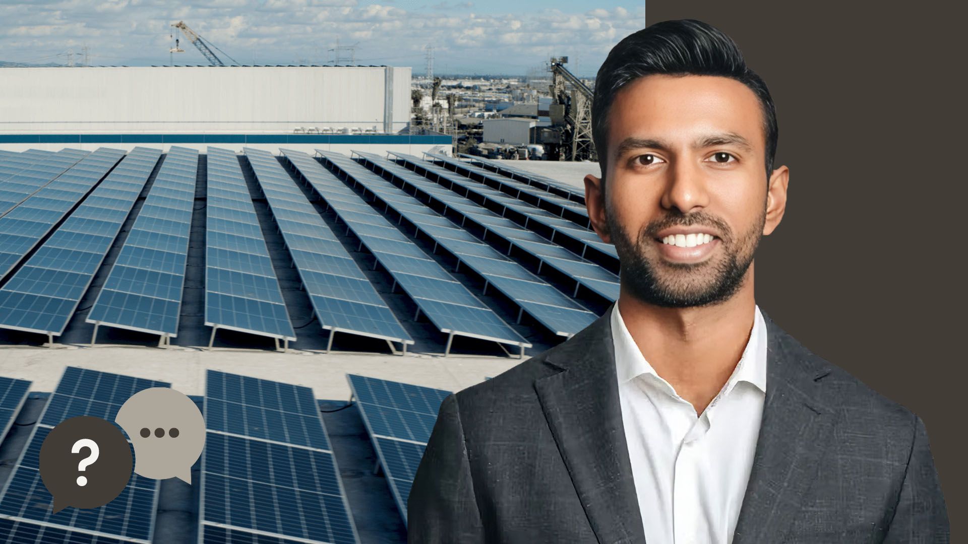 Portrait of a smiling man in a blazer beside an aerial view of rooftop solar panels on an industrial building, with speech‑bubble icons in the corner.