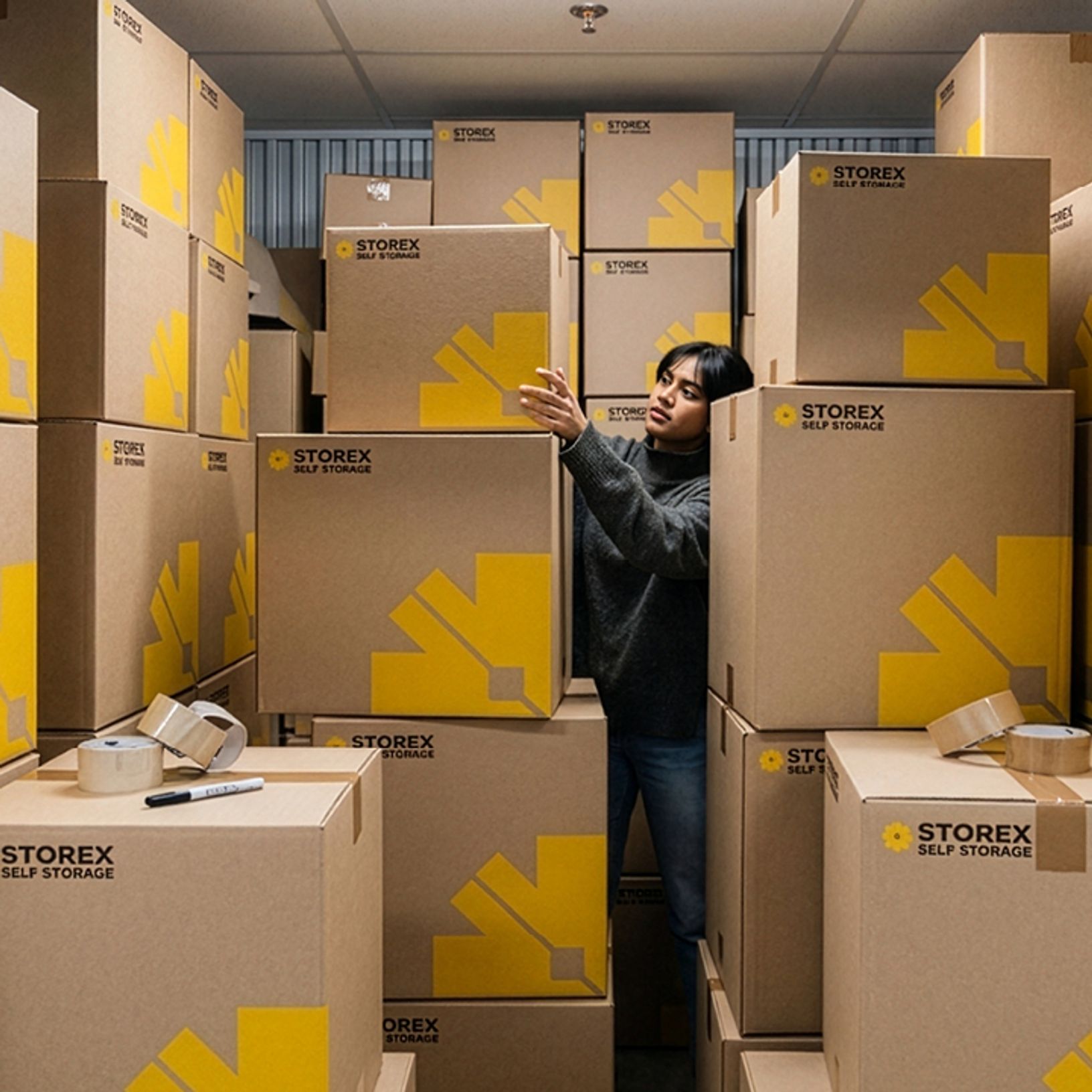 A person standing in a storage with a lot of Storex boxes.