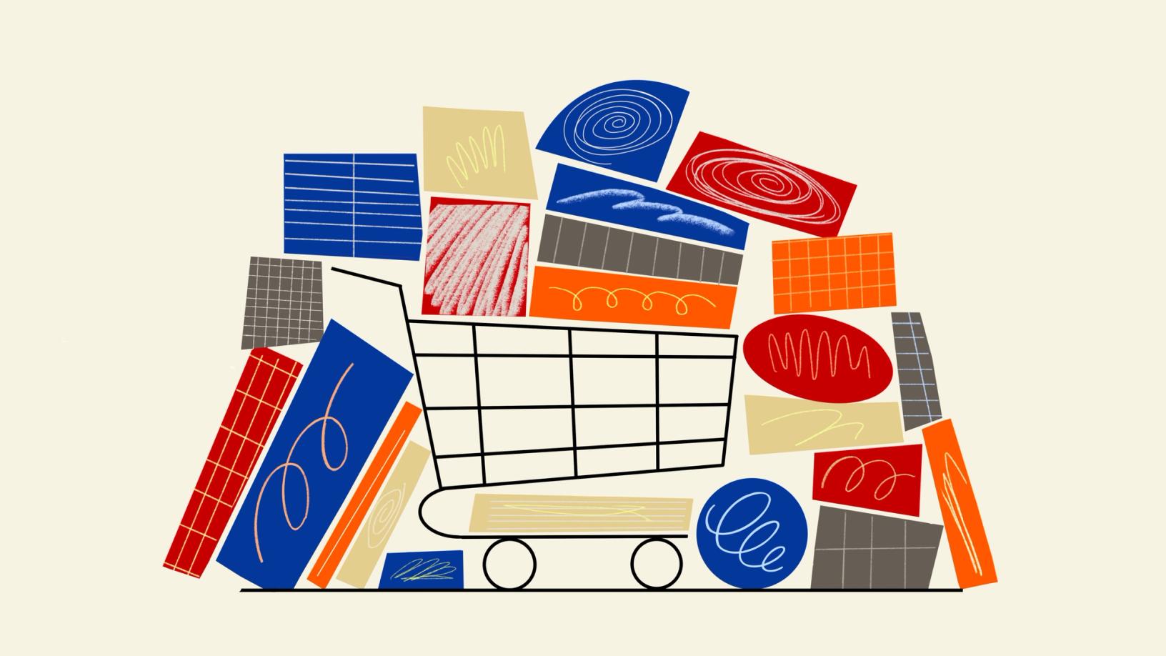 A shopping cart overflowing with colorful, abstract geometric shapes and patterns.