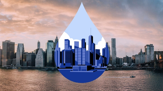 A city skyline at sunset with a large blue water droplet graphic in the center, containing an illustrated cityscape.