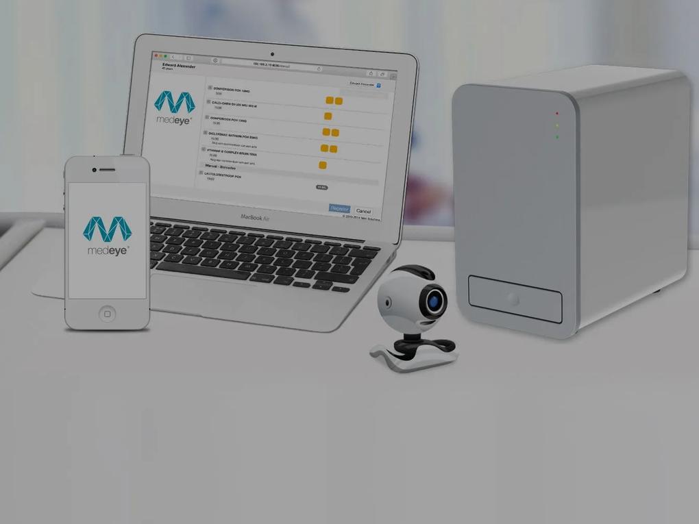 A smartphone, laptop, and a small camera device displaying the "medeye" logo.