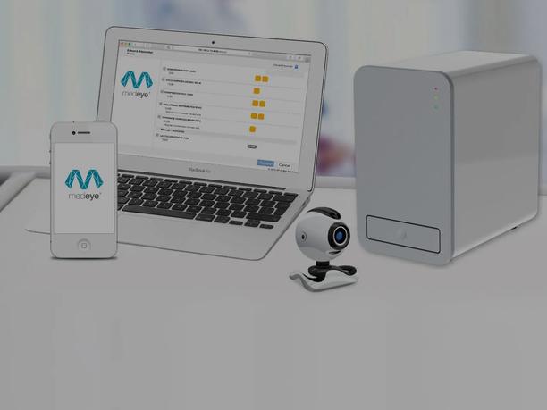 A smartphone, laptop, and a small camera device displaying the "medeye" logo.