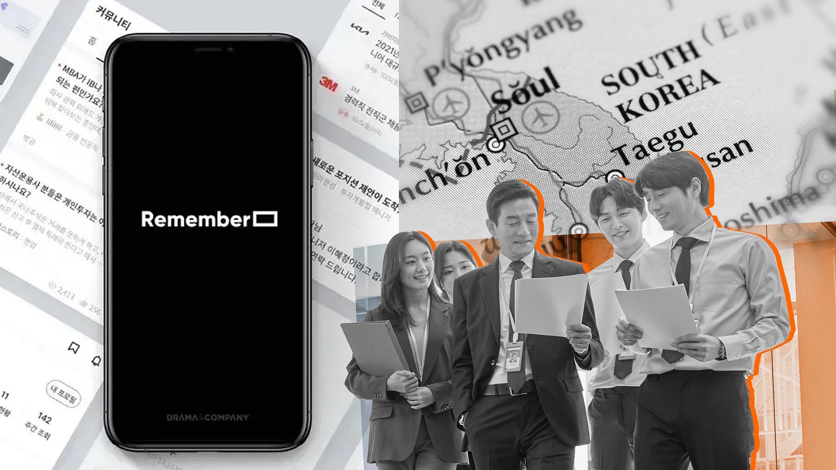 Collage showing a smartphone with the word “Remember,” a map of South Korea, and a group of office workers reviewing documents.