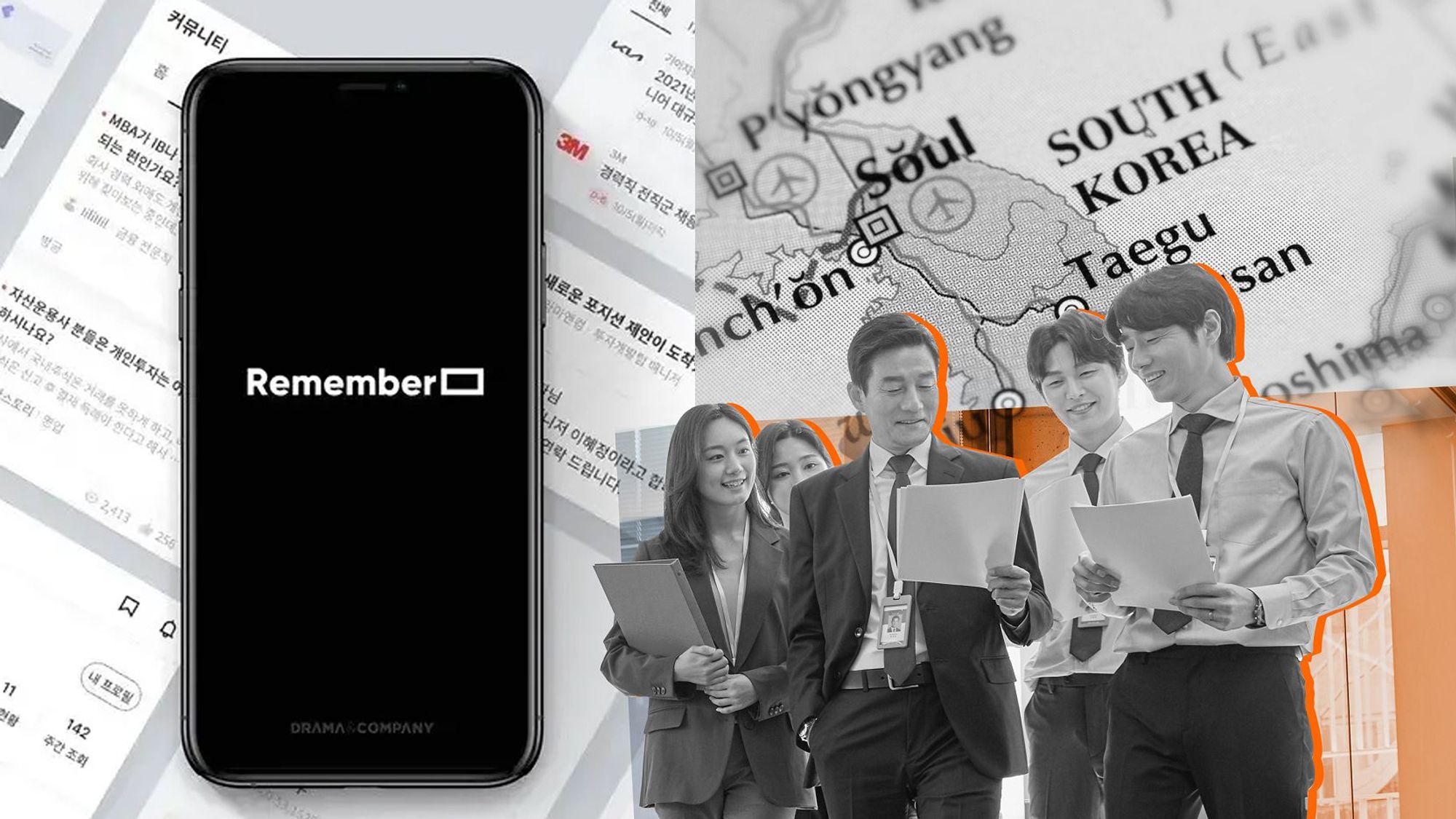 Collage showing a smartphone with the word “Remember,” a map of South Korea, and a group of office workers reviewing documents.