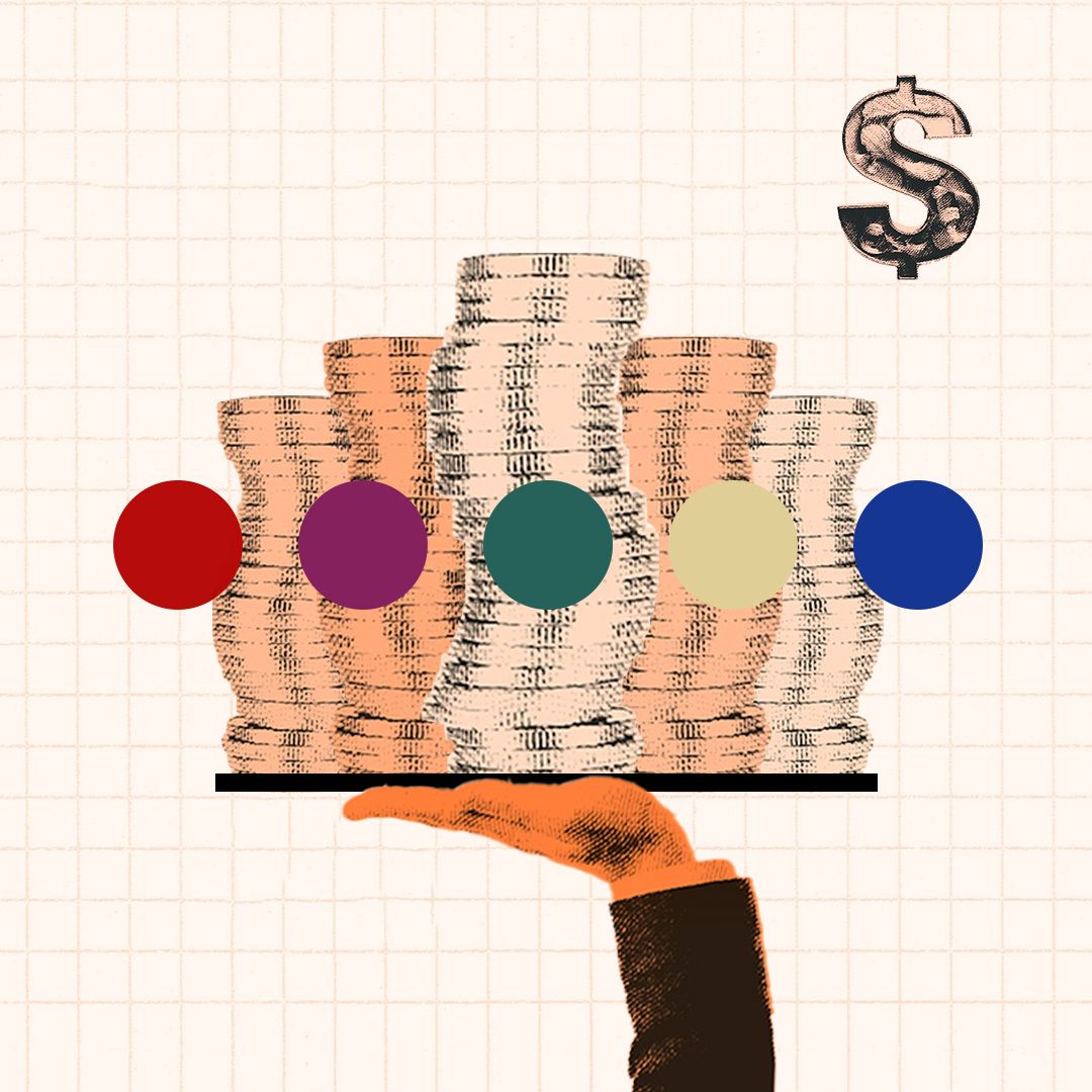 A stylized illustration of a hand holding a tray with five stacks of coins, each topped with a colorful circle, and a dollar sign in the background