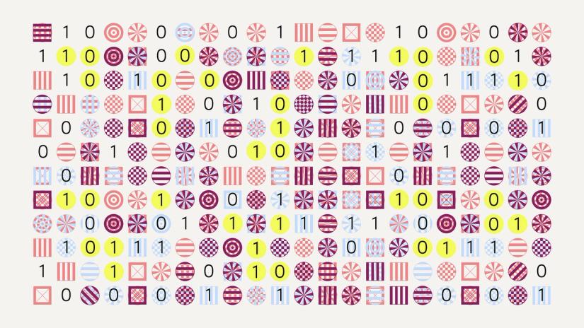 Binary numbers and abstract shapes form a grid pattern.