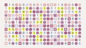 Binary numbers and abstract shapes form a grid pattern.