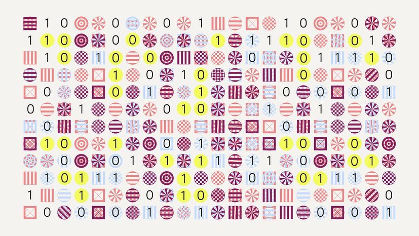 Binary numbers and abstract shapes form a grid pattern.