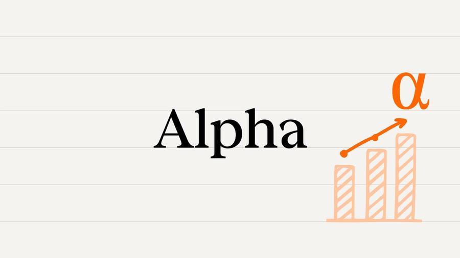 The word "Alpha" in large black text, with an orange Greek letter alpha, an upward arrow, and a rising bar chart on a light background.