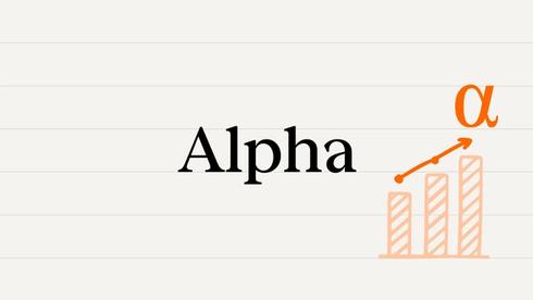 The word "Alpha" in large black text, with an orange Greek letter alpha, an upward arrow, and a rising bar chart on a light background.