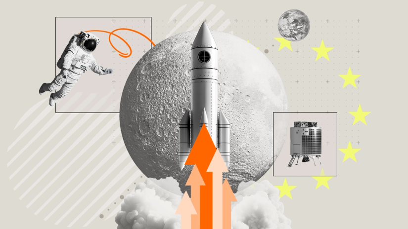 Graphic of a spaceship launching infront of the moon with Earth, spaceman and a satellite surrounding the spaceship.