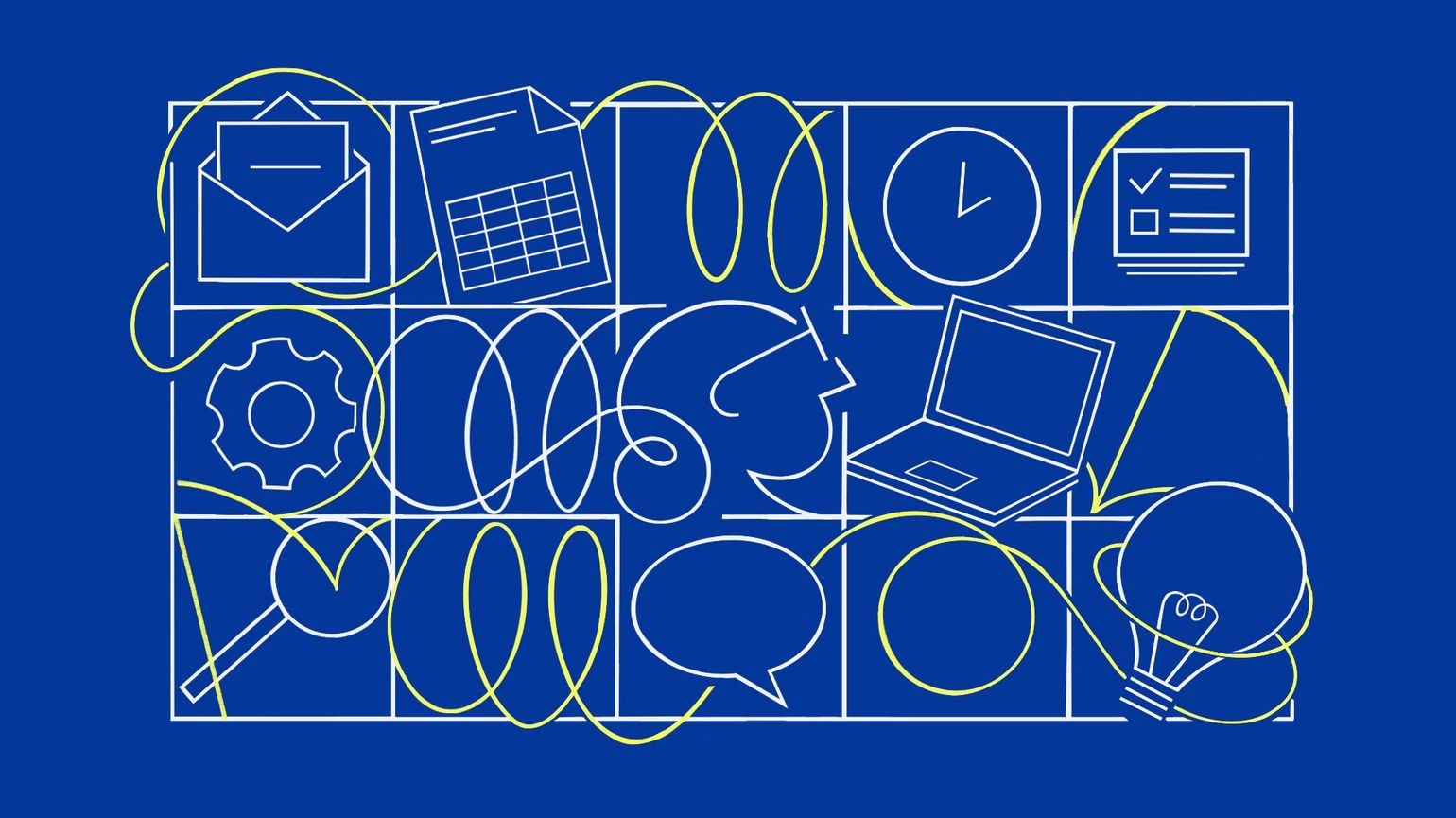 Icons signifying office work appear on a blue background.