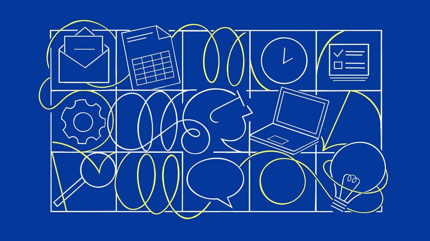 Icons signifying office work appear on a blue background.