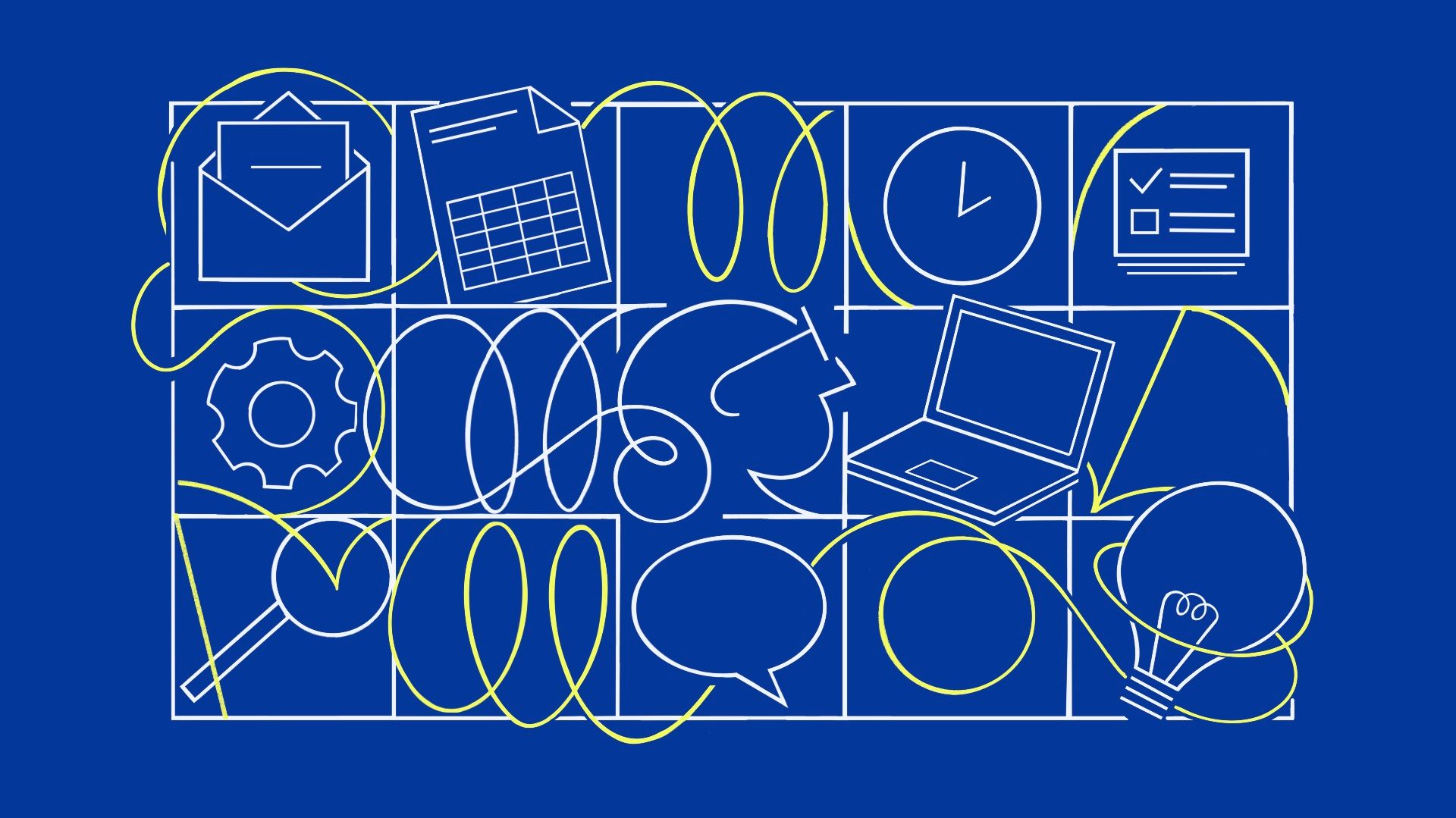 Icons signifying office work appear on a blue background.