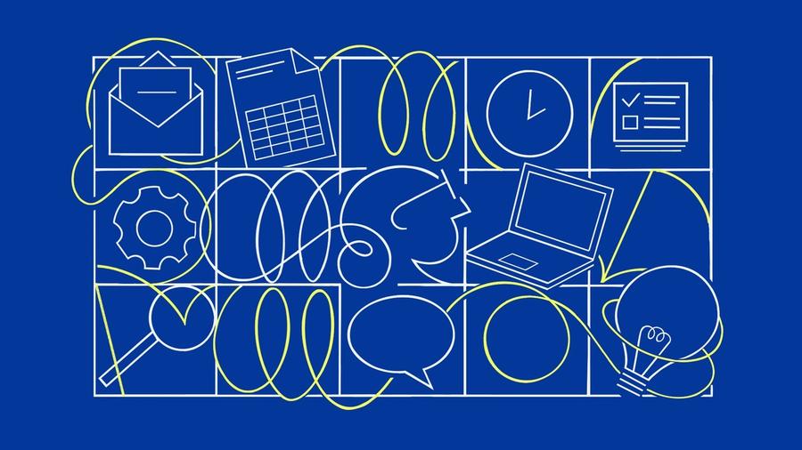 Icons signifying office work appear on a blue background.