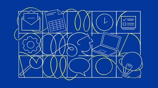 Icons signifying office work appear on a blue background.