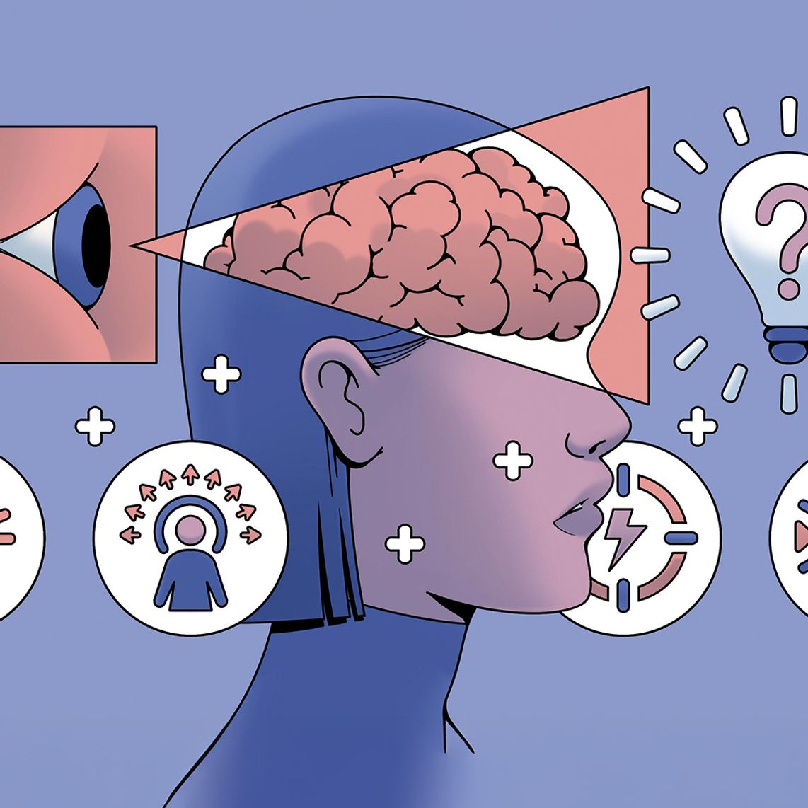 An illustration of a person’s head with a visible brain, surrounded by icons representing ideas, focus, strength, and personal growth on a purple background.