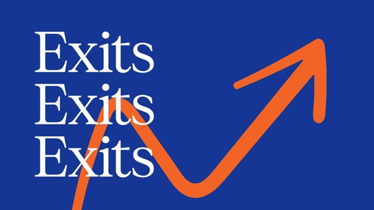 White text repeating the word "Exits" three times on a blue background, with an orange upward arrow graphic.