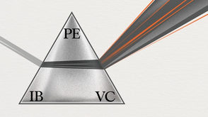 A stylized illustration of a metallic triangle divided into three sections, each labeled with the abbreviations "PE" (Private Equity) at the top, "IB" (Investment Banking) at the bottom left, and "VC" (Venture Capital) at the bottom right.