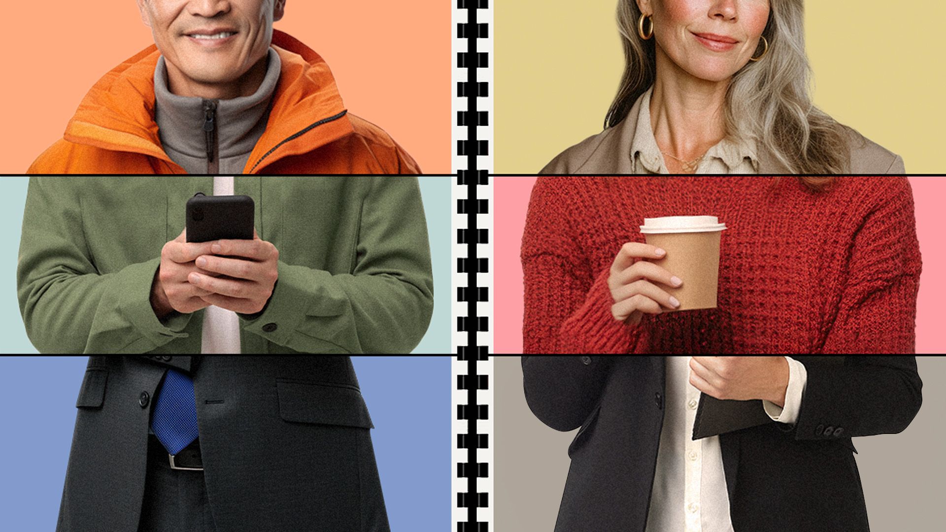 Split image collage showing two people, divided horizontally into three sections, each wearing different clothing and holding different items.