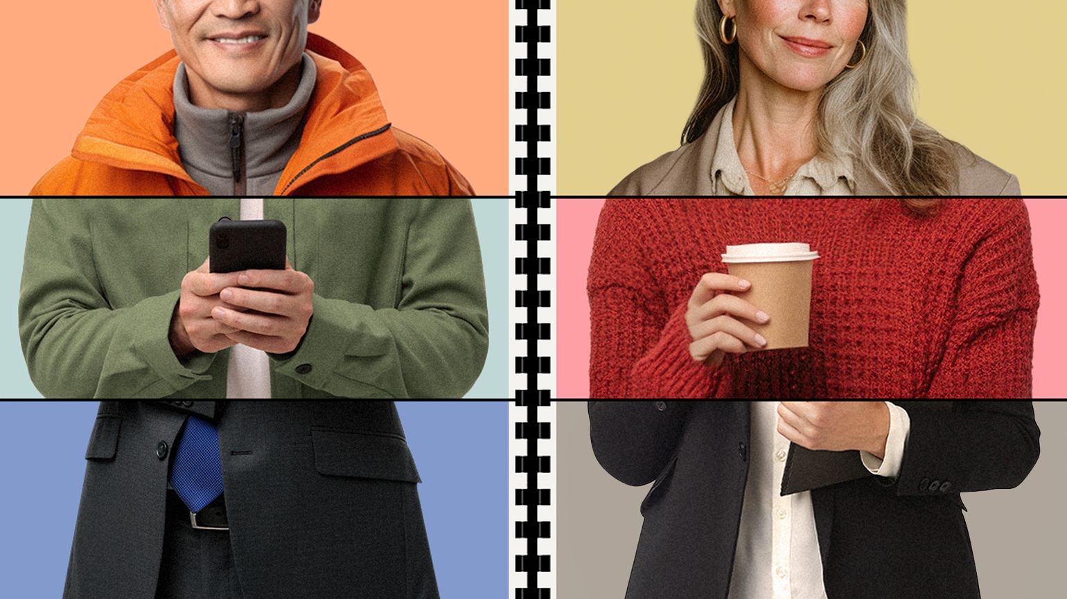 Split image collage showing two people, divided horizontally into three sections, each wearing different clothing and holding different items.