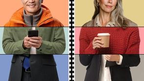 Split image collage showing two people, divided horizontally into three sections, each wearing different clothing and holding different items.