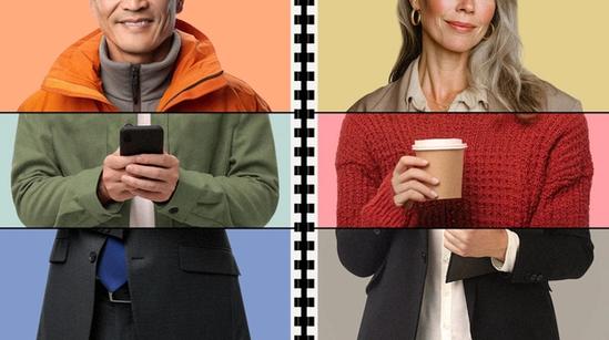 Split image collage showing two people, divided horizontally into three sections, each wearing different clothing and holding different items.