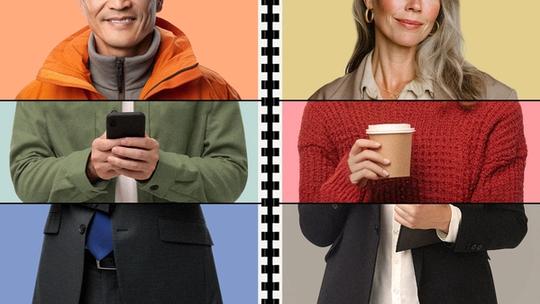 Split image collage showing two people, divided horizontally into three sections, each wearing different clothing and holding different items.