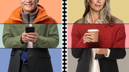 Split image collage showing two people, divided horizontally into three sections, each wearing different clothing and holding different items.