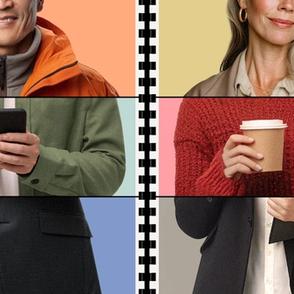 Split image collage showing two people, divided horizontally into three sections, each wearing different clothing and holding different items.