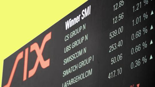 An image showing the SIX Swiss Stock exchange board and some listed firms with their percentage changes.