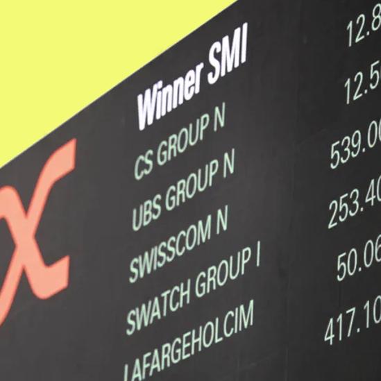 An image showing the SIX Swiss Stock exchange board and some listed firms with their percentage changes.
