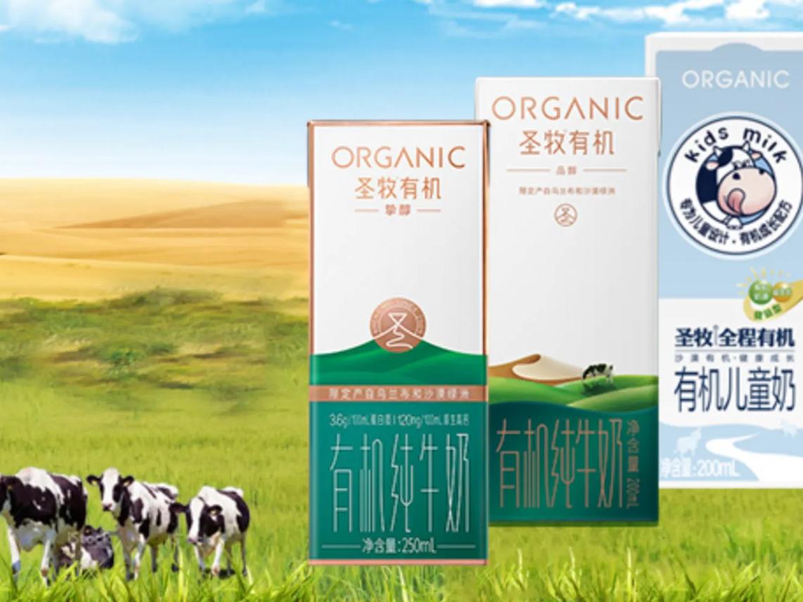 Packaging of organic milk products with Chinese text.