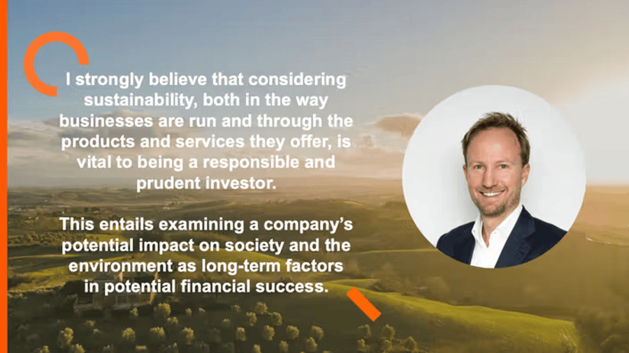 smiling man in a suit in a circular frame on the right, with a background of rolling hills at sunset. Text on the left discusses the importance of sustainability in business and investment.