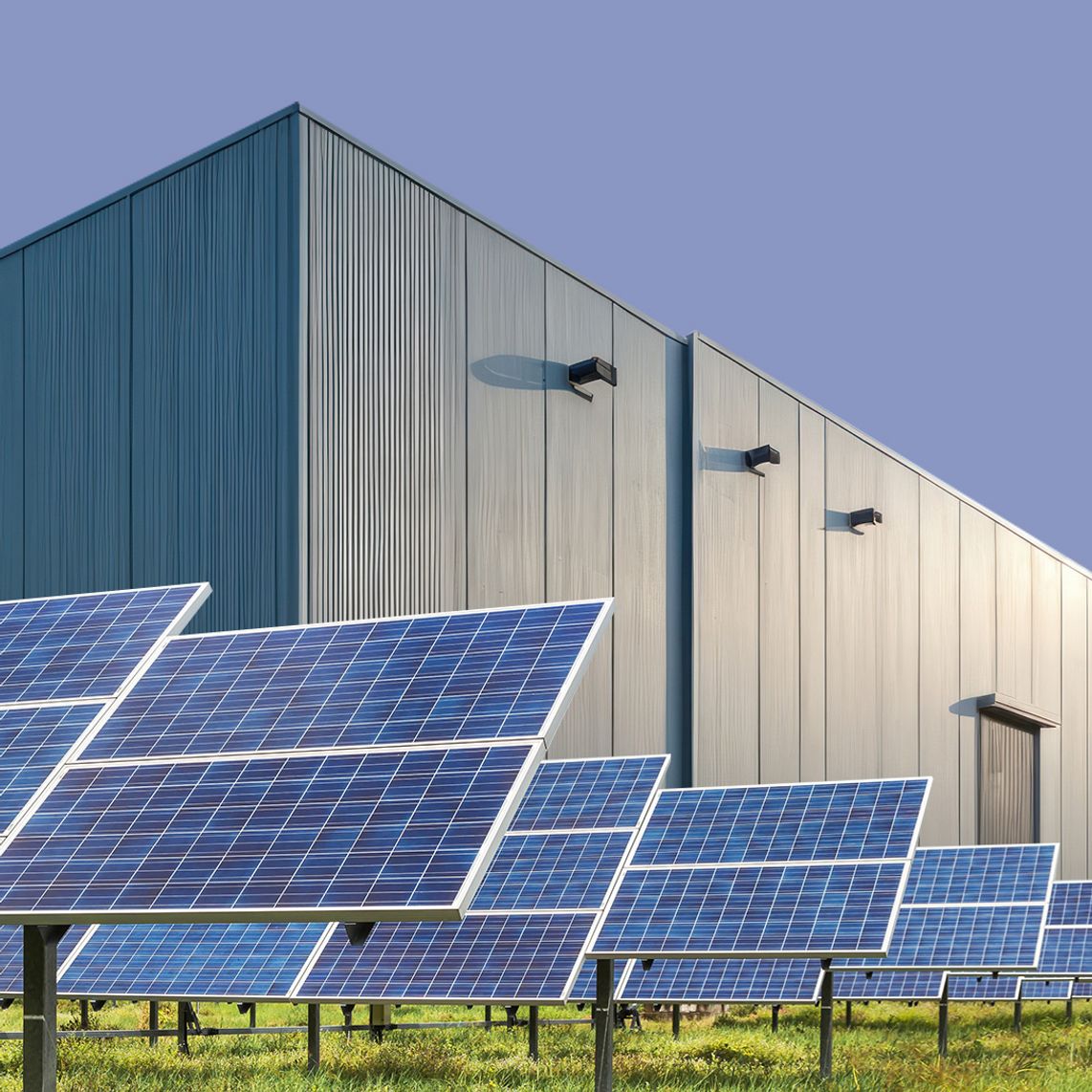 Stylised image of solar panels in front of a warehouse 
