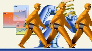 Illustration of 3 people walking with an laptop in their hands.