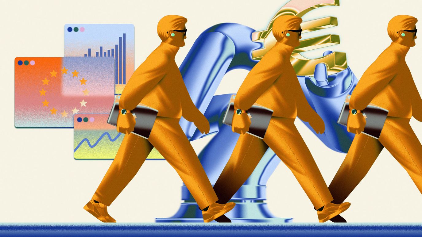 Illustration of 3 people walking with an laptop in their hands.