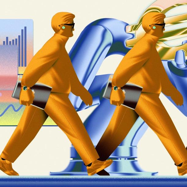 Illustration of 3 people walking with an laptop in their hands.