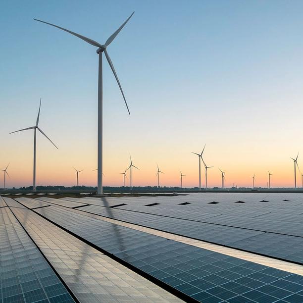 Solar panels in the foreground with multiple wind turbines stretching into the distance at sunset.