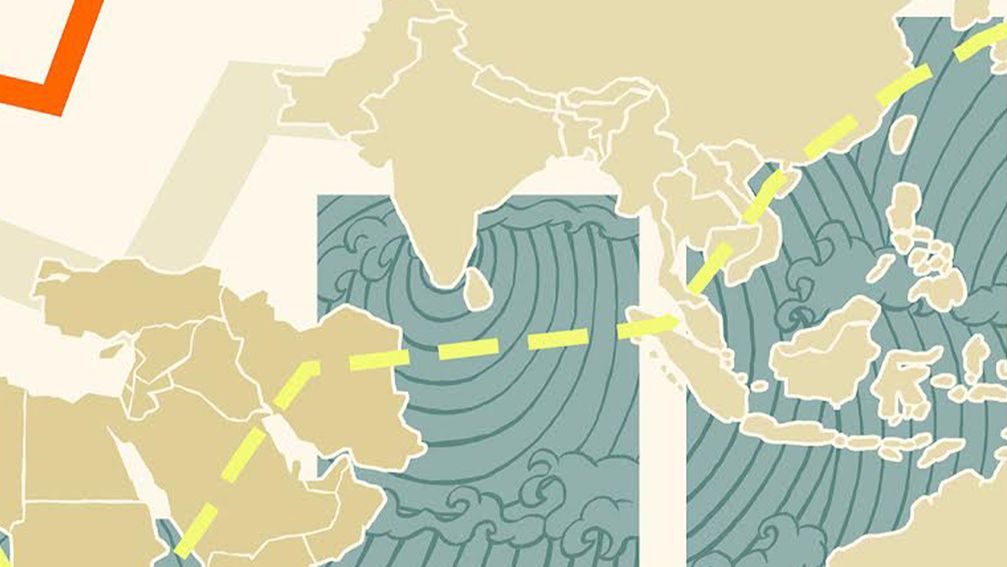 A graphic map of Asia in with trends lines in green, yellow and orange showing an upward economic trajectory.