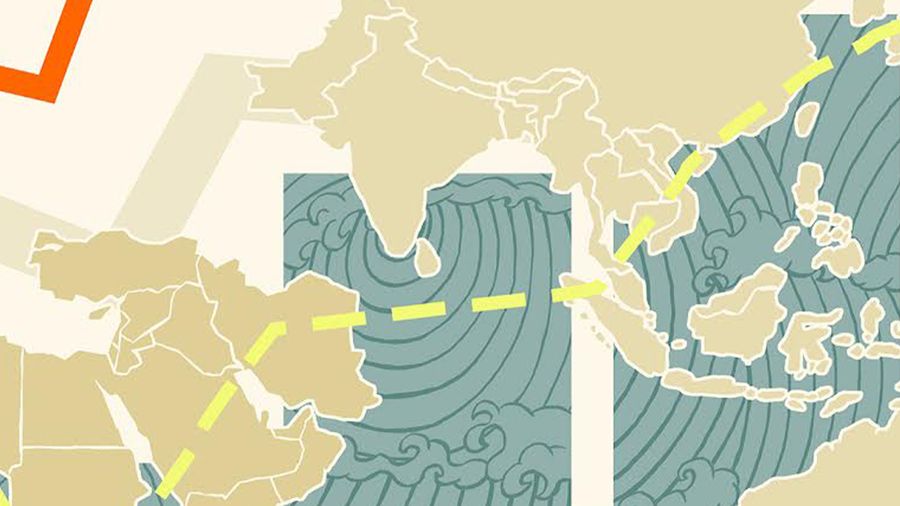 A graphic map of Asia in with trends lines in green, yellow and orange showing an upward economic trajectory.