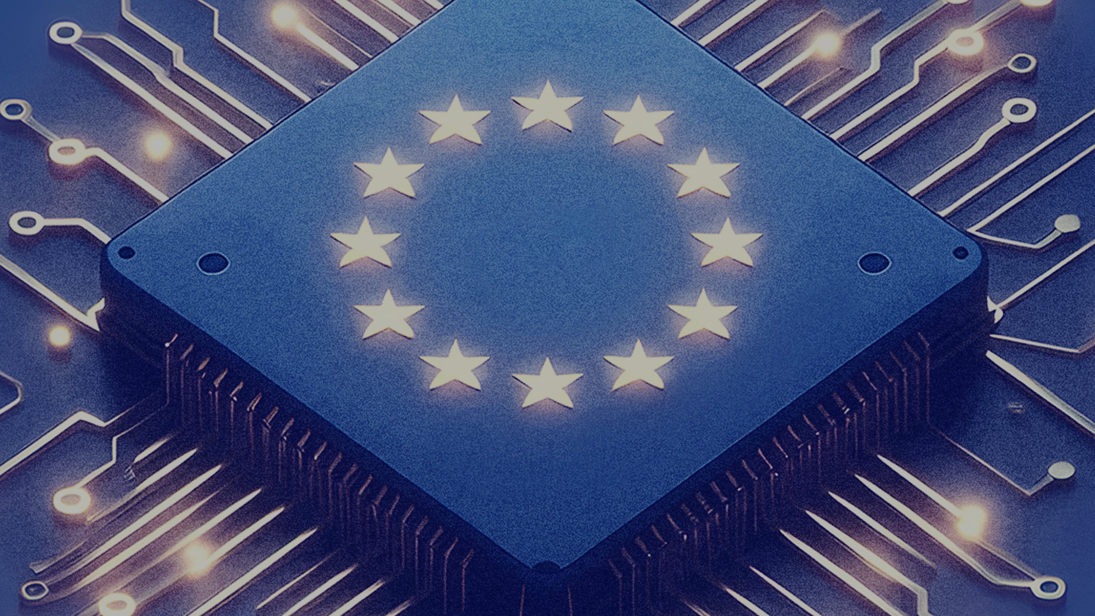 The European flag as an CPU with glowing stars and circuits. 