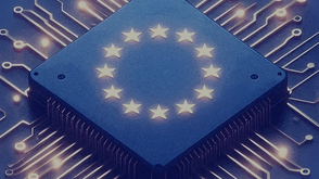 The European flag as an CPU with glowing stars and circuits.