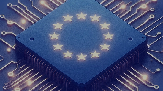 The European flag as an CPU with glowing stars and circuits.
