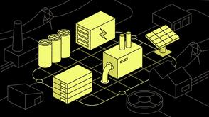 Isometric illustration of energy infrastructure on a black background, featuring yellow batteries, a power unit with a lightning bolt, a solar panel, and industrial buildings connected by grid lines.