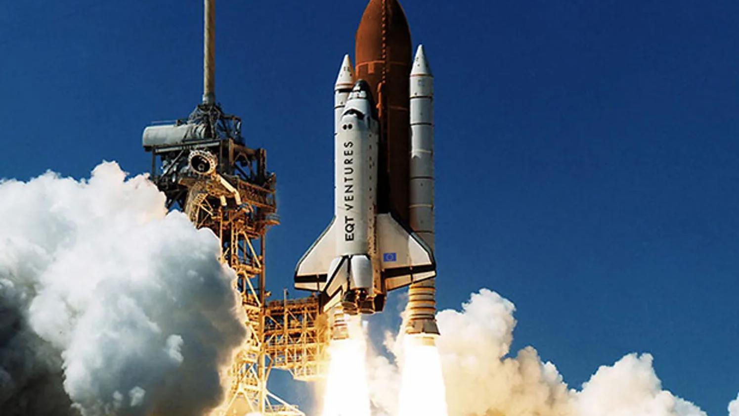 A space shuttle labeled "EQT Ventures" launching from a pad, with bright flames and smoke against a clear blue sky.